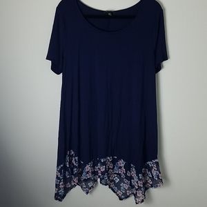 Long pullover Blue with flowered sheer bottom trim